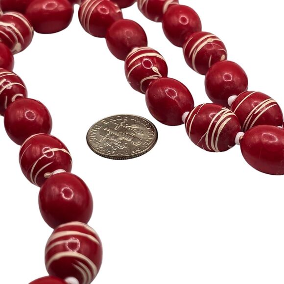 Artisan Hand Painted Necklace Textured Red Beads Cream Brushed Like 28" Vintage - Picture 5 of 6